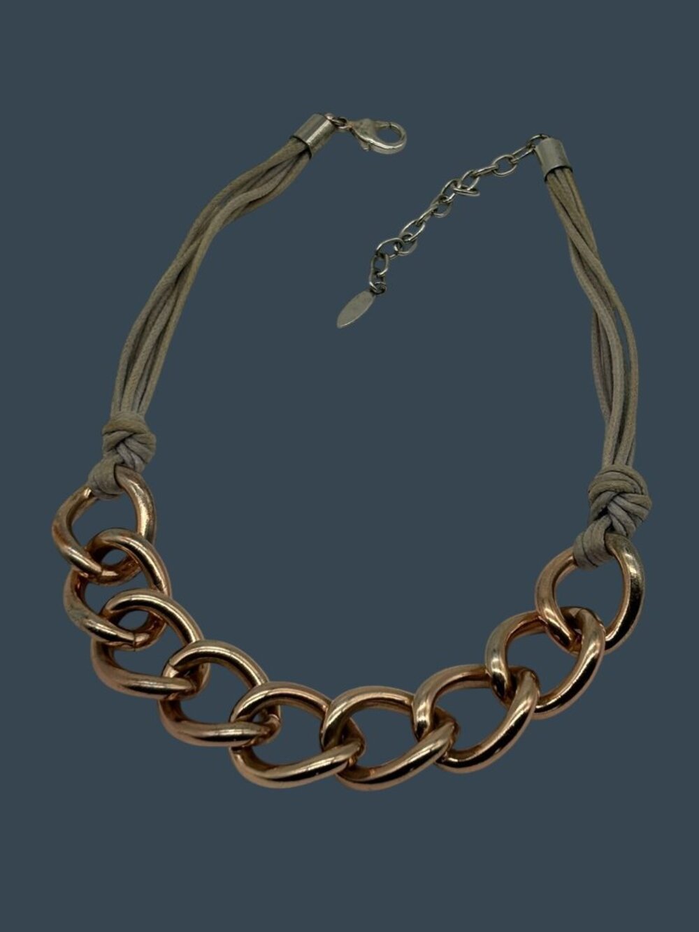 St. Thomas Necklace Chunky Large Rose Gold-Tone Curb Links Gray Cord, Adjustable - Picture 16 of 16